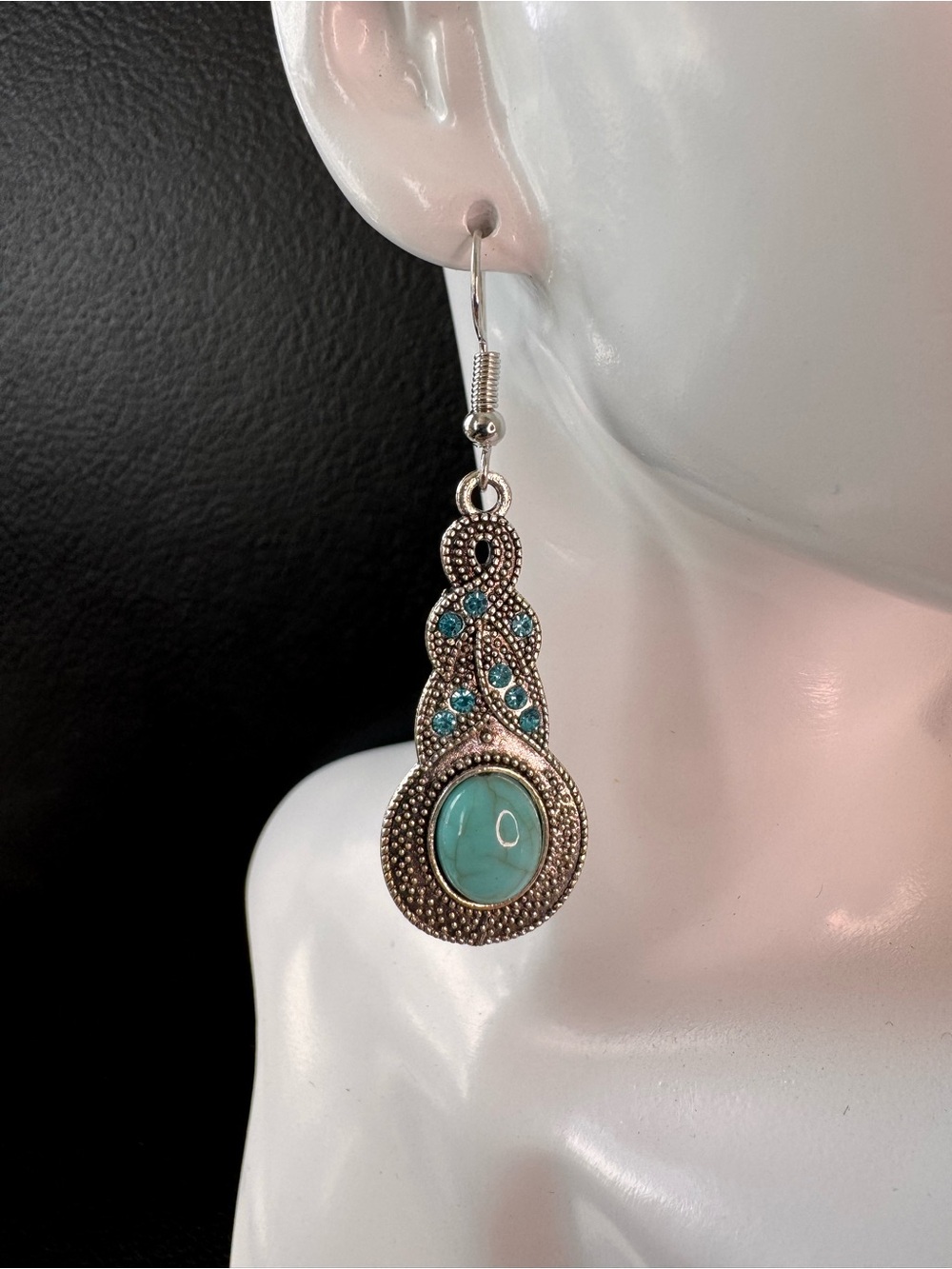 Silver-Tone Teardrop Earrings with Turquoise Gemstones - SKU I
